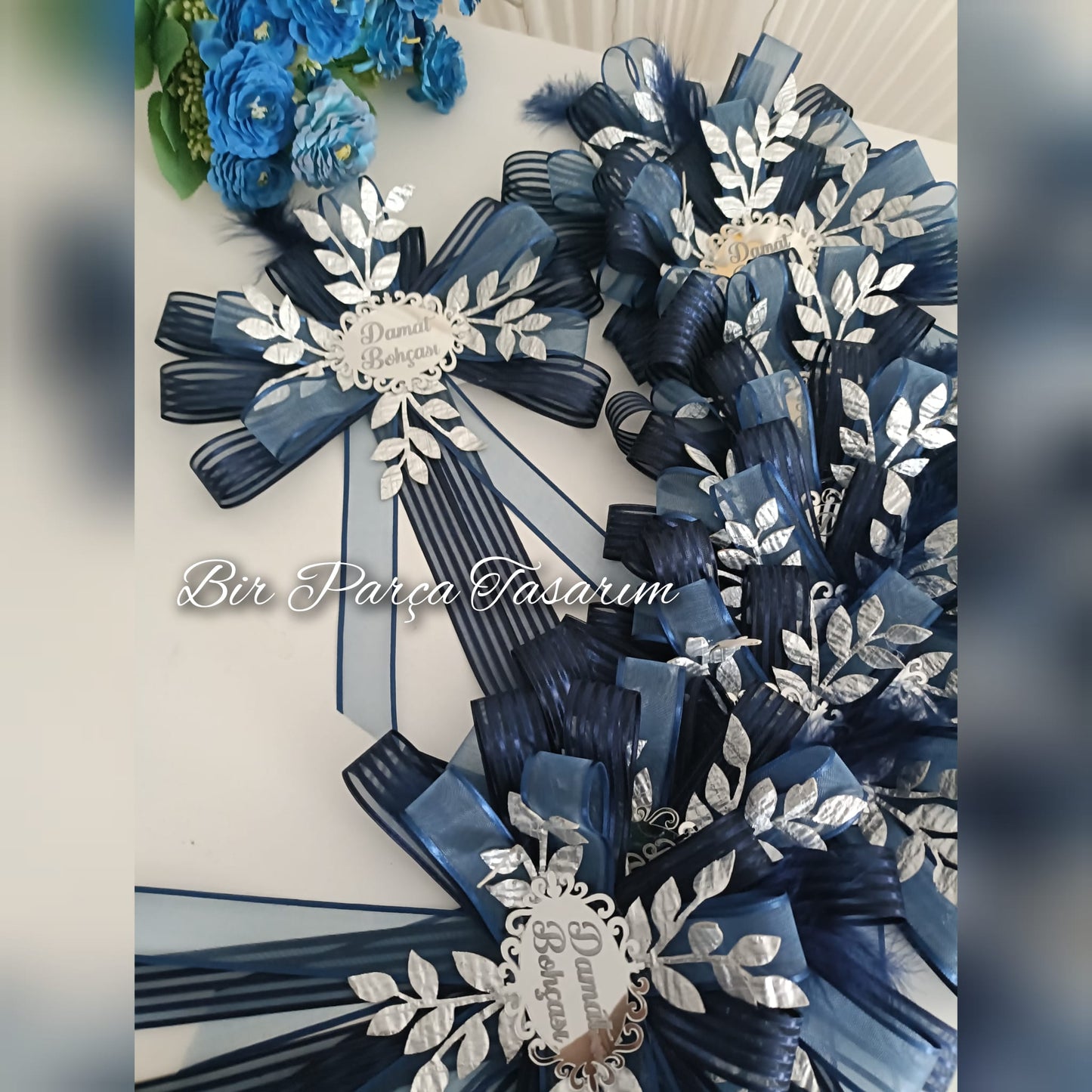 Luxury Large Groom's Dowry Box Ornament Navy Blue Silver