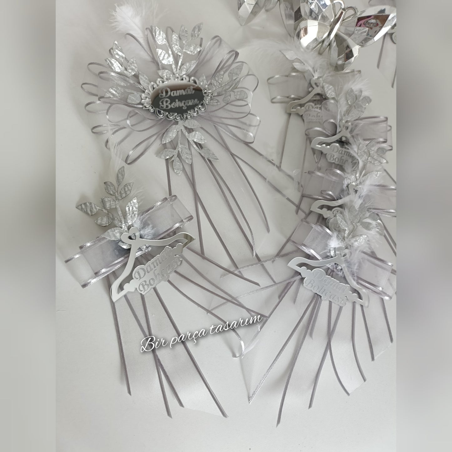Lüks Damat Bohça Süs Seti Beyaz Gümüş 6'lı