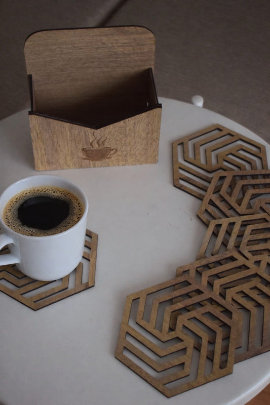 6'lı Modern Ahşap Bardak Altlığı Seti Standlı