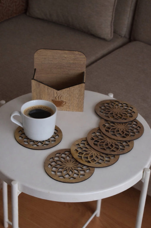 6'lı Ahşap Mandala Bardak Altlığı Seti ve Standı