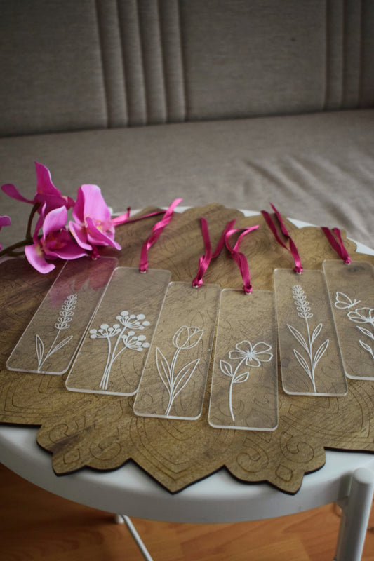 Çiçek Desenli Pleksi Kitap Ayracı 6'lı Set